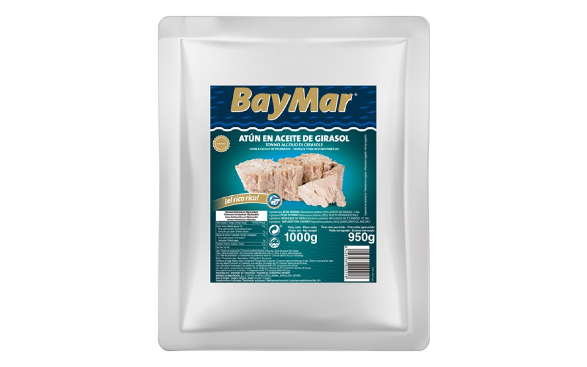 Atún listado BayMar en aceite de girasol. Pouch 1 kg/950 g esc